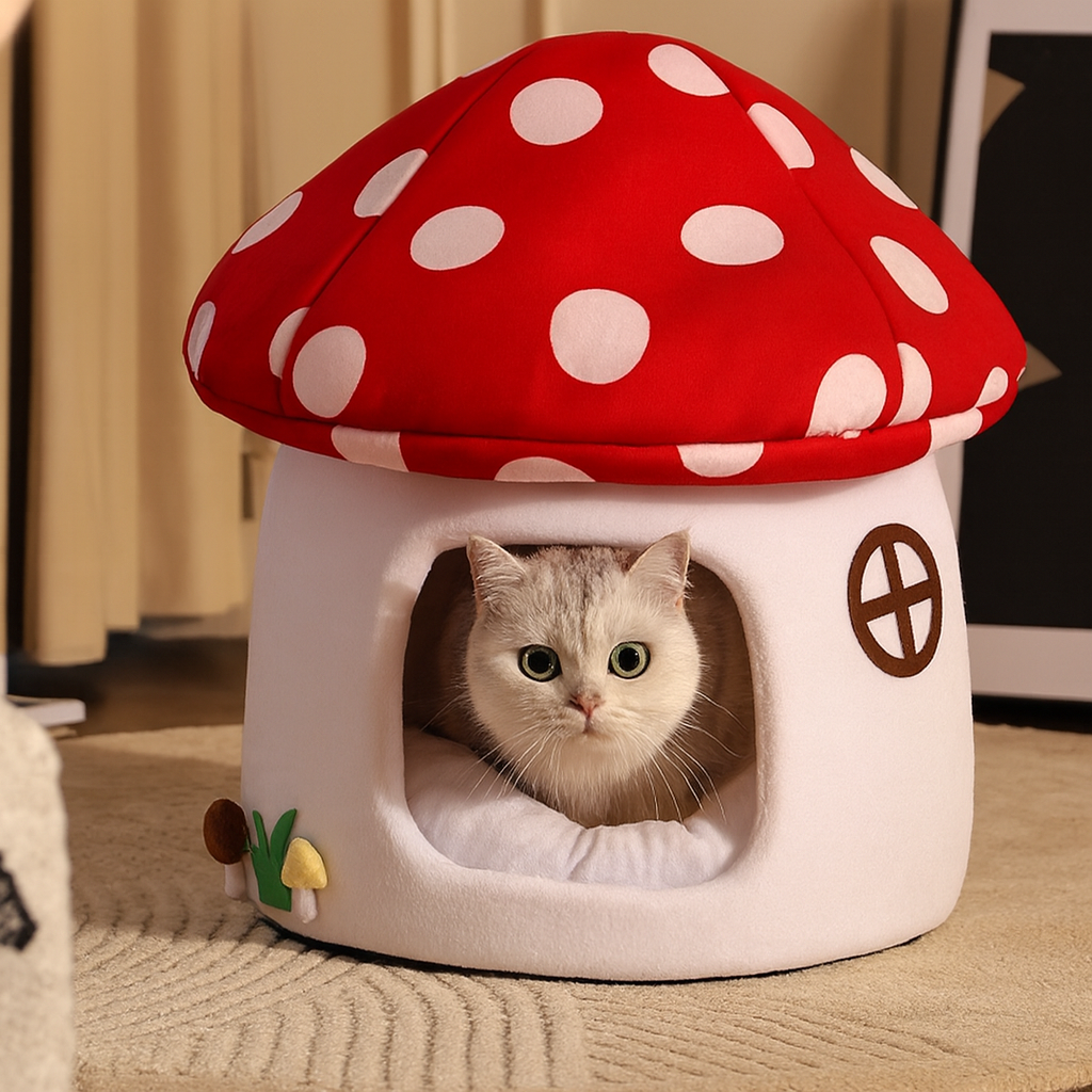 Maison champignon rouge pour chat – cachette champignon pour chat
