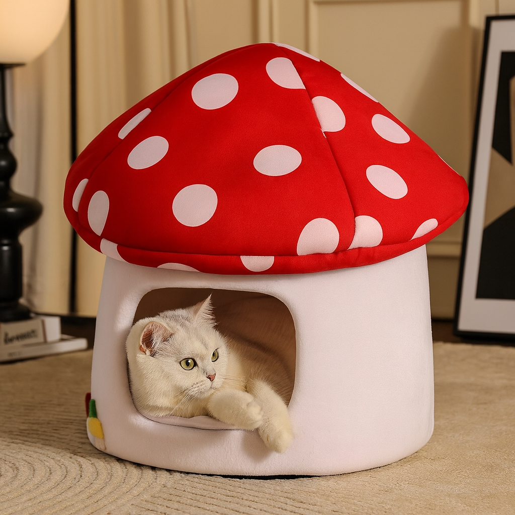 Maison champignon rouge pour chat – cachette champignon pour chat
