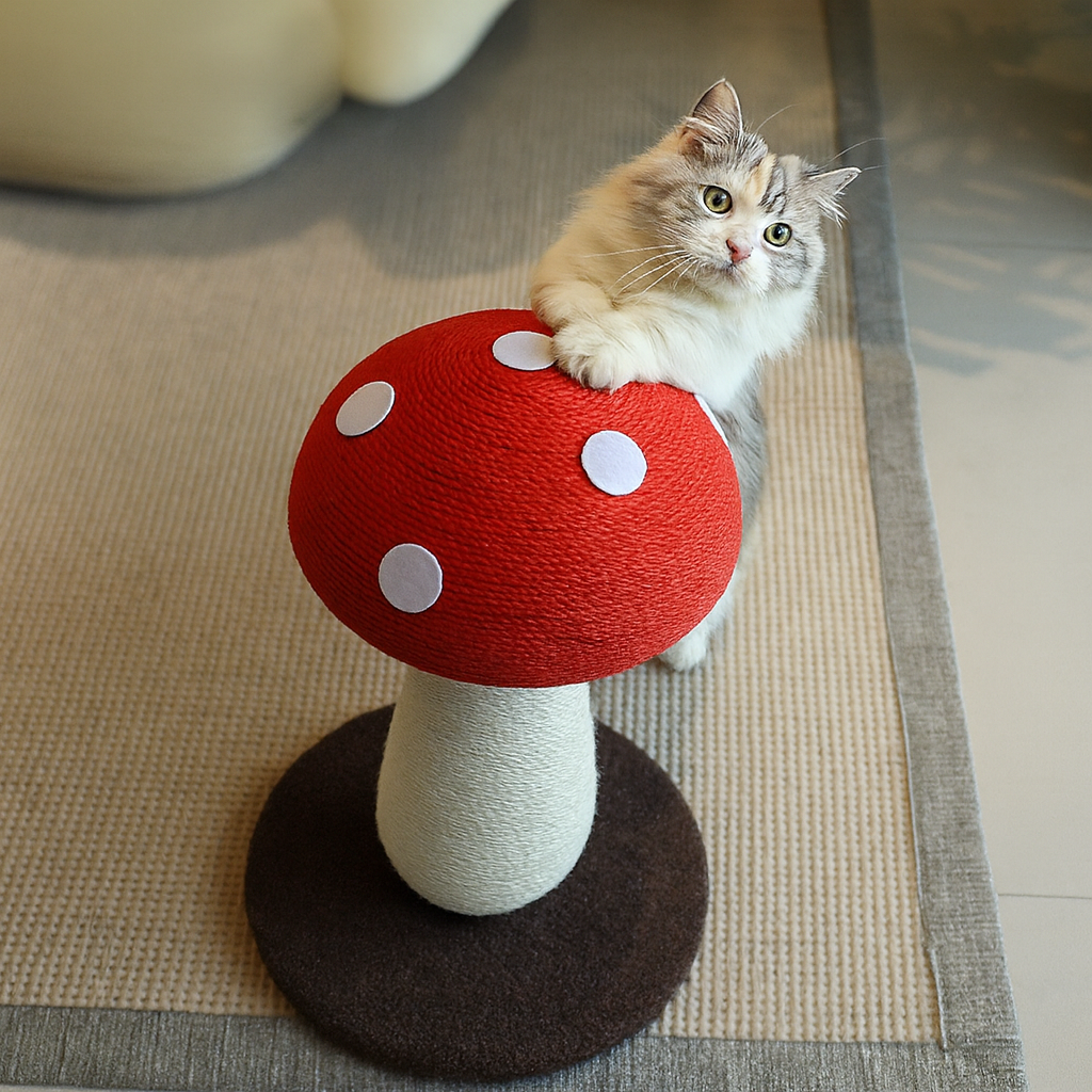 Griffoir Champignon pour Chat – Rouge et Marron – Tronc Sisal ou Tissu
