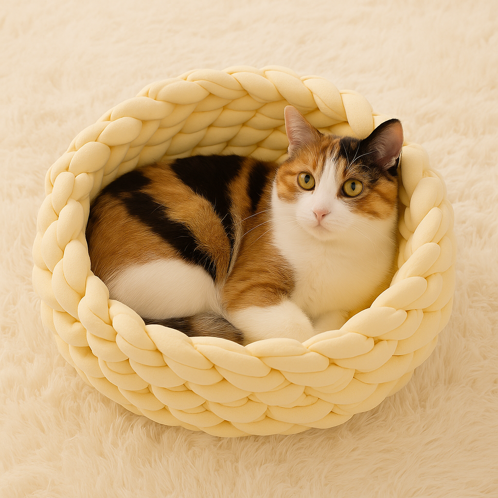 coussin chat douillet tricoté main